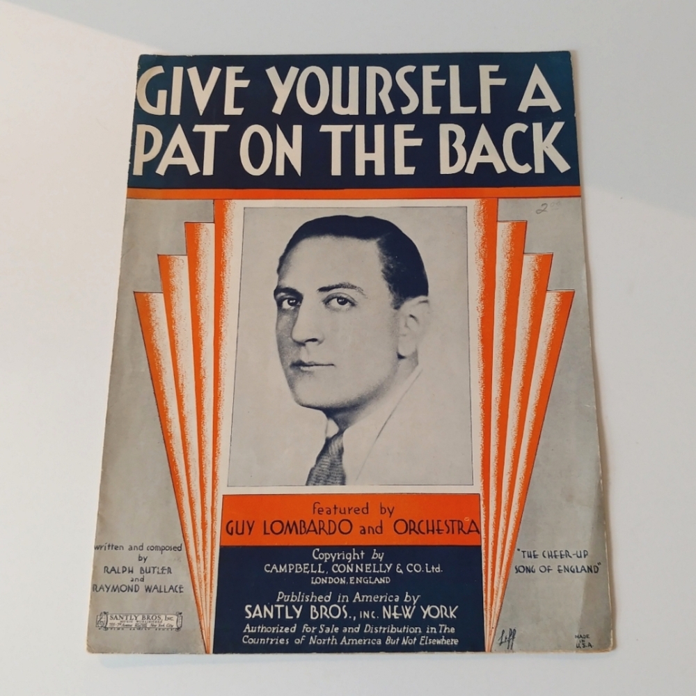 Vintage Sheet Music Cover with Orange and Blue Accents Santly Bros, Inc. NY